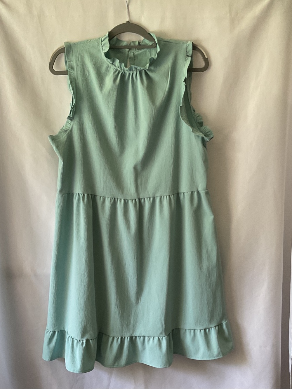 Lightweight Sleeveless Sage Green Tiered Ruffle Neck Dress w/ Ruffle Bottom